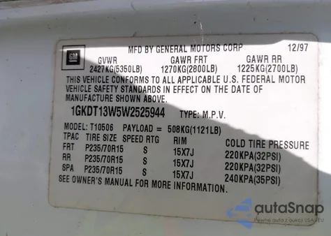 1998 GMC Jimmy Slt z USA, uszkodzony, nr VIN 1GKDT13W5W2525944